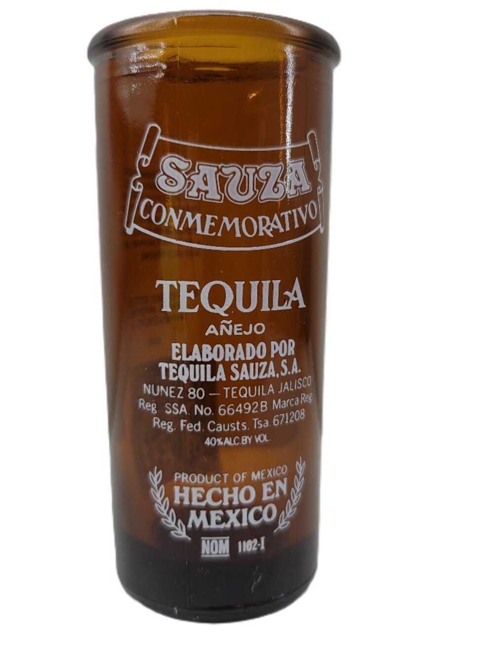 Sauza Tequila Shot Glass Brown 3.5" tall White Silkscreen Label Vintage Barware